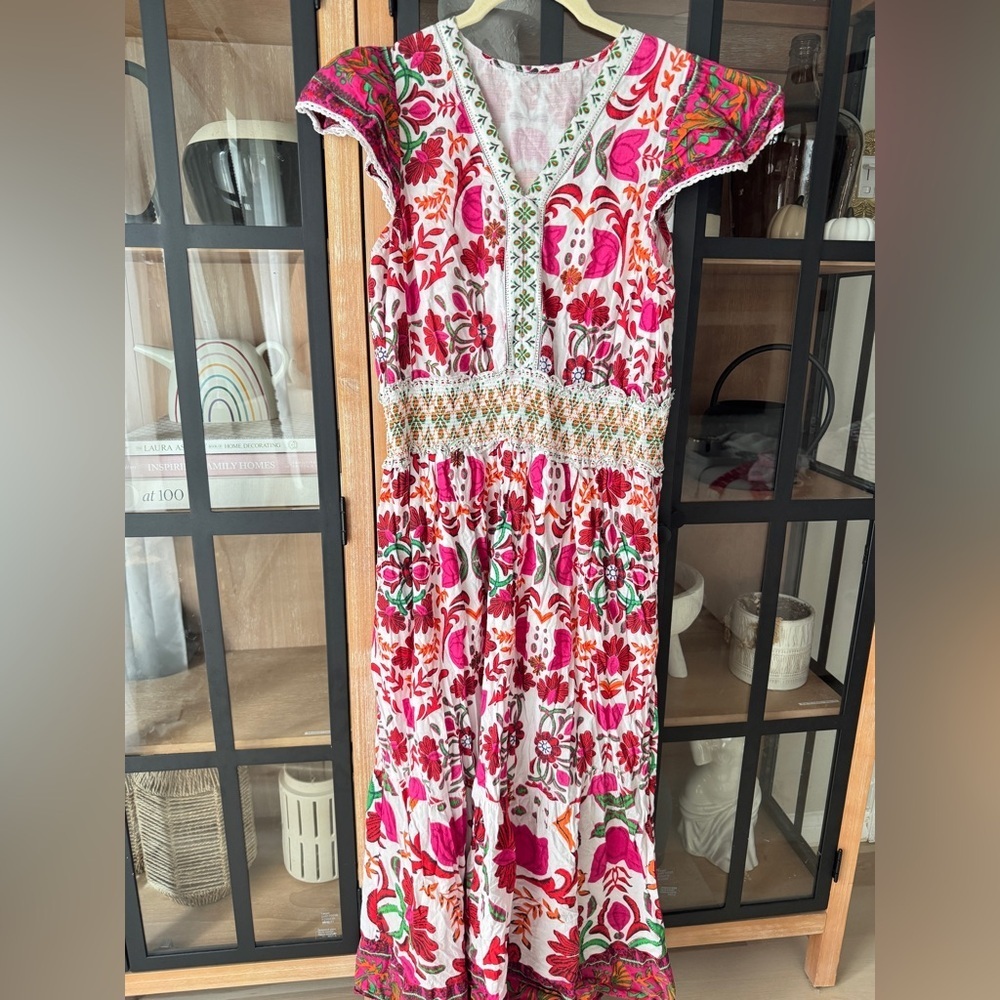 Floral smocked waist maxi midi dress ruffle flutter sleeve colorful bright print